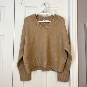 Zara - V-Neck Tan Knit Sweater